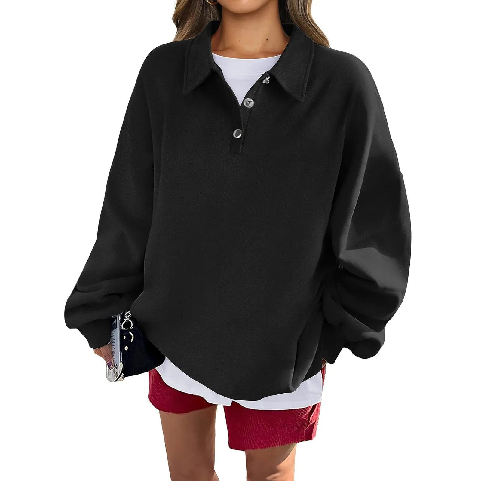 

Women Oversized Sweatshirts Long Sleeve Top Solid Color Hoodie Button Pullover Korean Autumn Clothes Women'S Autumn Clothing