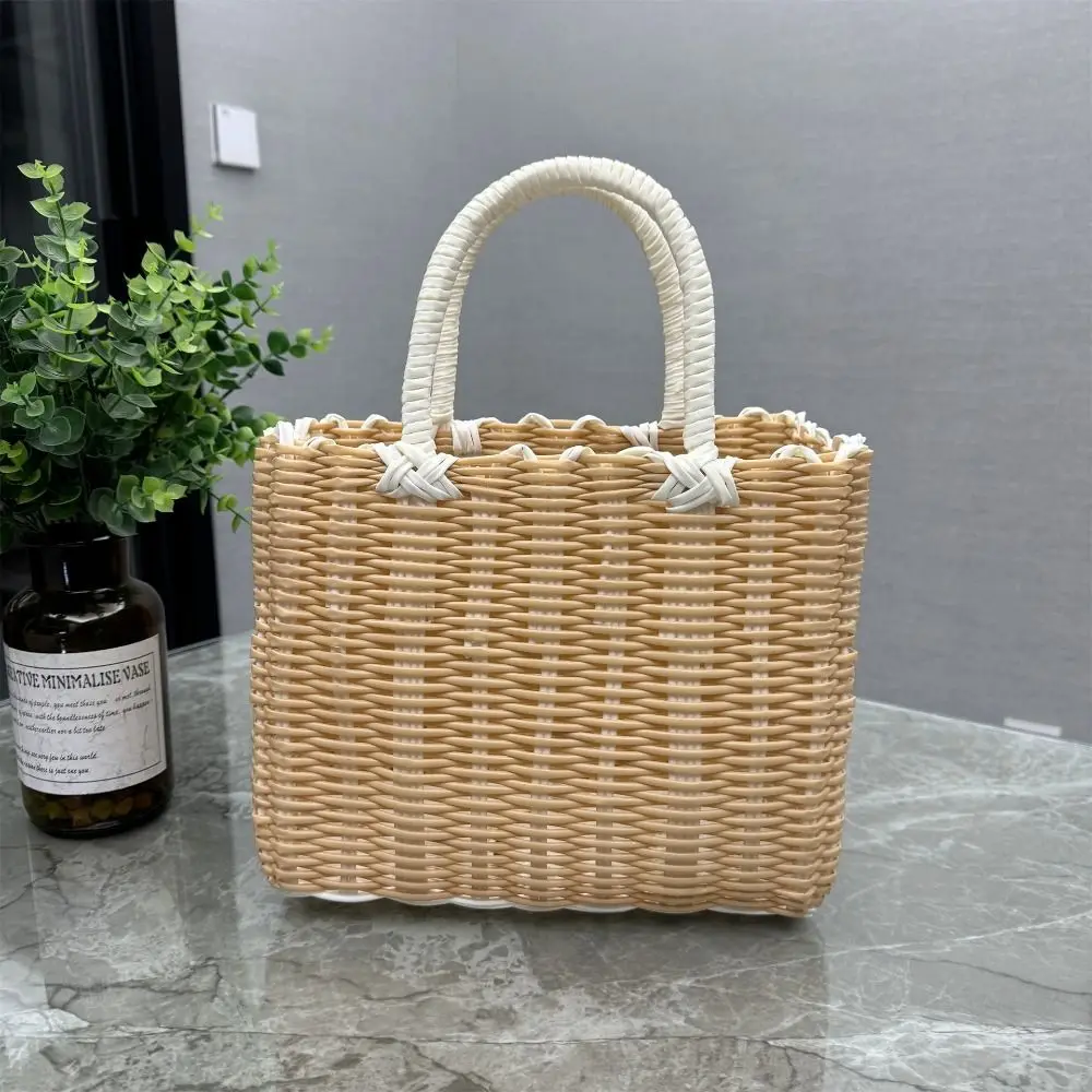 New Imitation Rattan Storage Basket Plastic Square Hanging Baskets with Handle Hand-woven Woven Handbag Flower