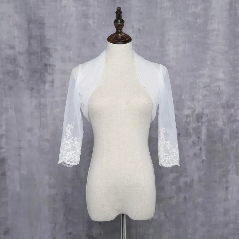 

Custom Made Wedding Shawl Tulle Appliques 3/4 Sleeves Wedding Jacket Bolero Bridal Wrap