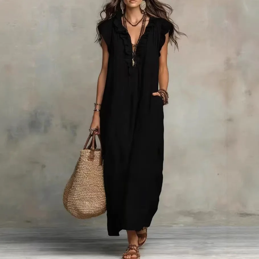 Women Boho Cotton Linen Ruffle V Neck Long Dresse