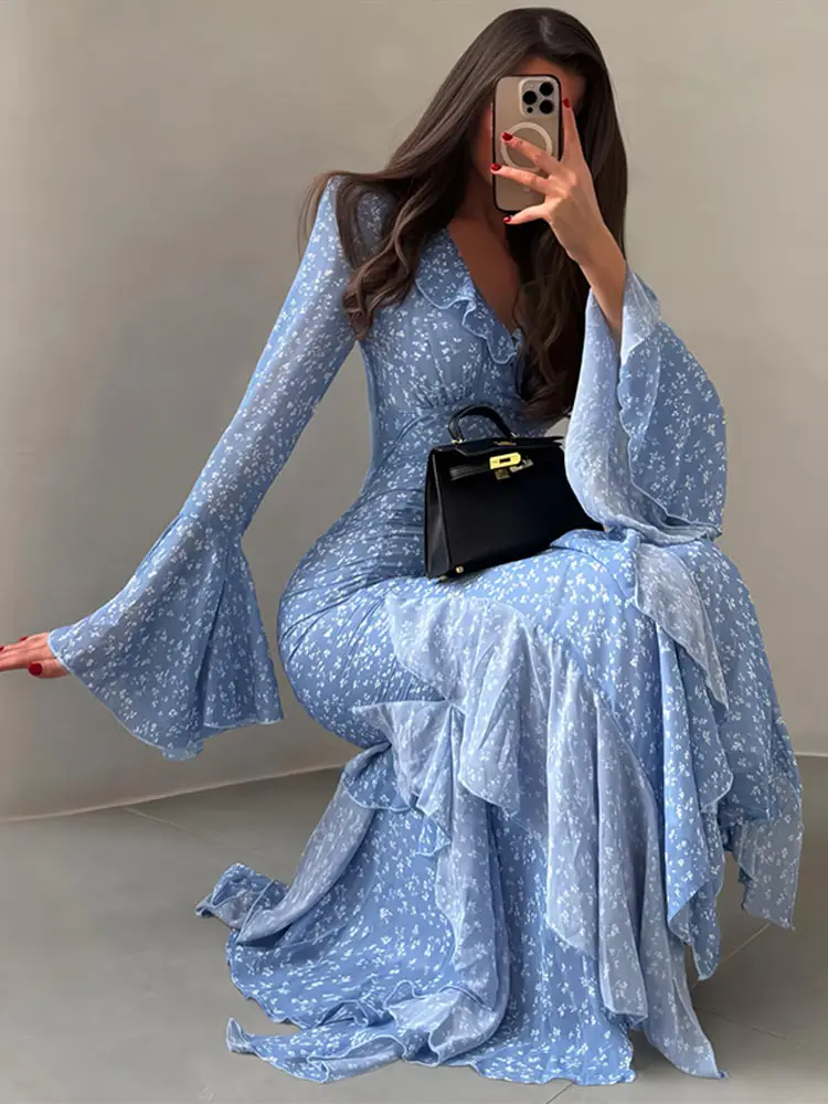 Women Printed V-neck Long Dress Flared Sleeve Lotus Leaf Edge High Waist Slim Fit Maxi Dresses Lady Elegant Evening Party Dress 1