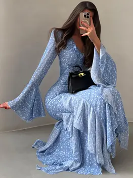 Women Printed V-neck Long Dress Flared Sleeve Lotus Leaf Edge High Waist Slim Fit Maxi Dresses Lady Elegant Evening Party Dress 1