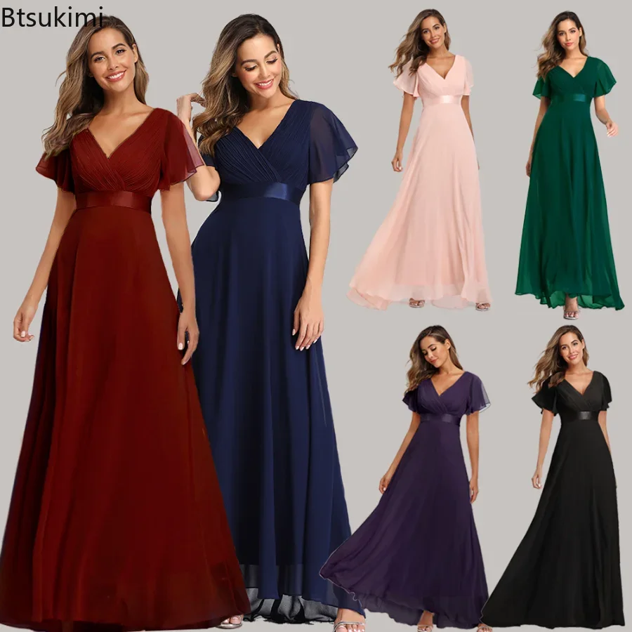 

2024 Women's Bridesmaid Evening Dress Sexy Chiffon V-neck Maxi Dress Female Elegant Prom Dresses Large Swing Flare Sleeve Dress