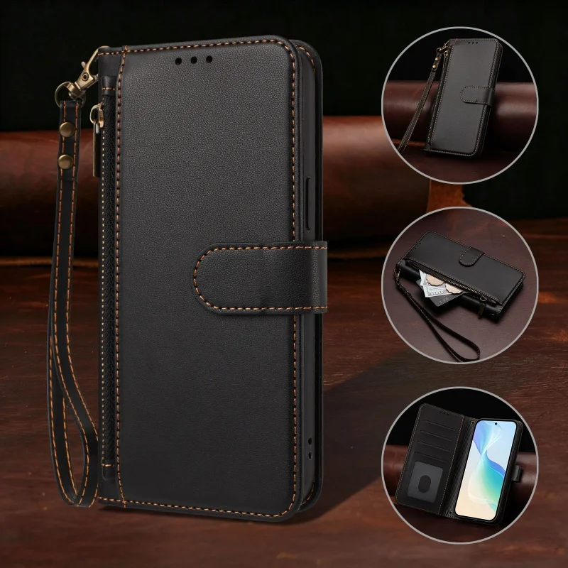 Premium PU Leather Flip Case with Zipper Wallet Cover
