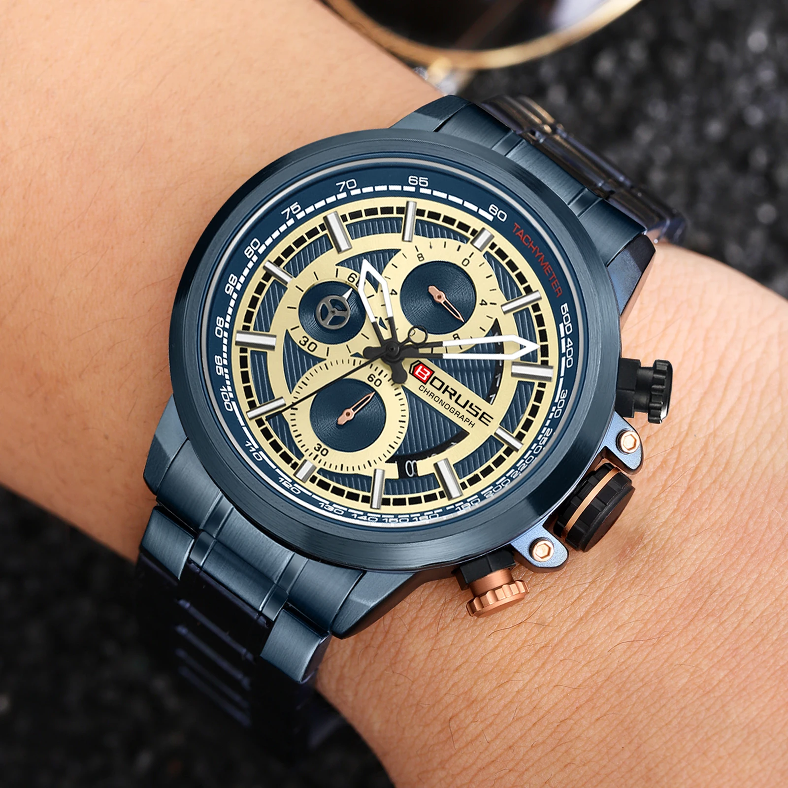 BORUSE Luxury Blue Watches Men Sport Case Male Business Waterproof Watches New Fashion Wristwatch Birthday with Gifts Box