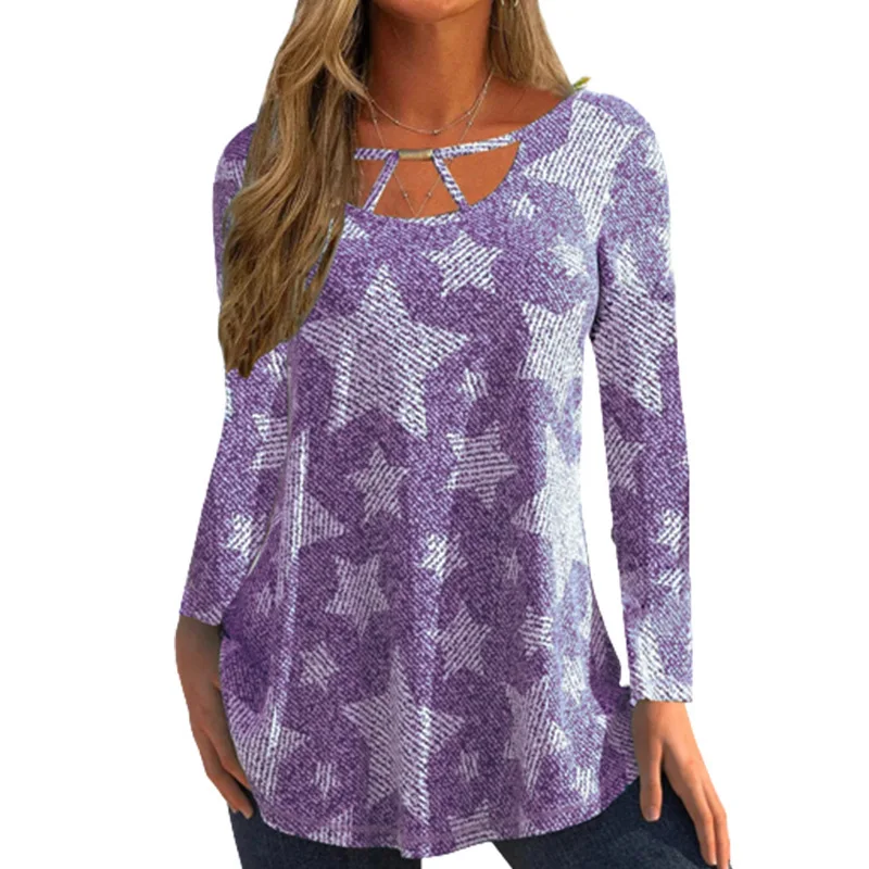 

2023 Autumn and Winter New Star Print Round Neck Hollow Long-sleeved T-shirt Fashion Casual Tops Female