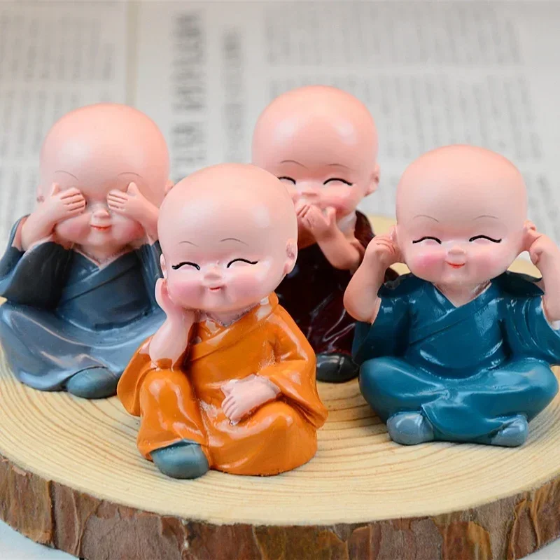 4pcs/set Resin Crafts Gifts Cute Little Monk Sculpture Lovely Monk Buddha Statue Creative Buddha Statue Desktop Decoration