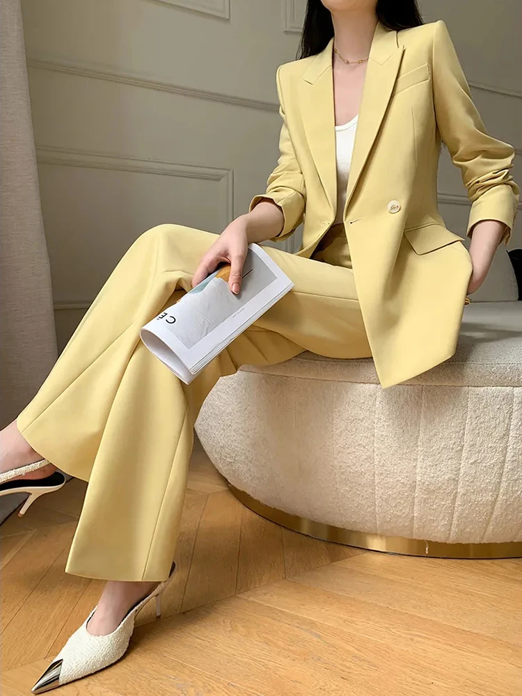 

Women's Suit Kantoor Autumn Lange Mouw Effen Dubbele Rij Knopen Blazer+Met Hoge Taille Wijde Pijpen Broek Outfits костюм женский