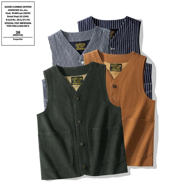 Vest Canvas Striped Double-Layer Retro Classic Bag Flower Denim Outdoor Workwear Camping Waistcoat Amekaji Trekking