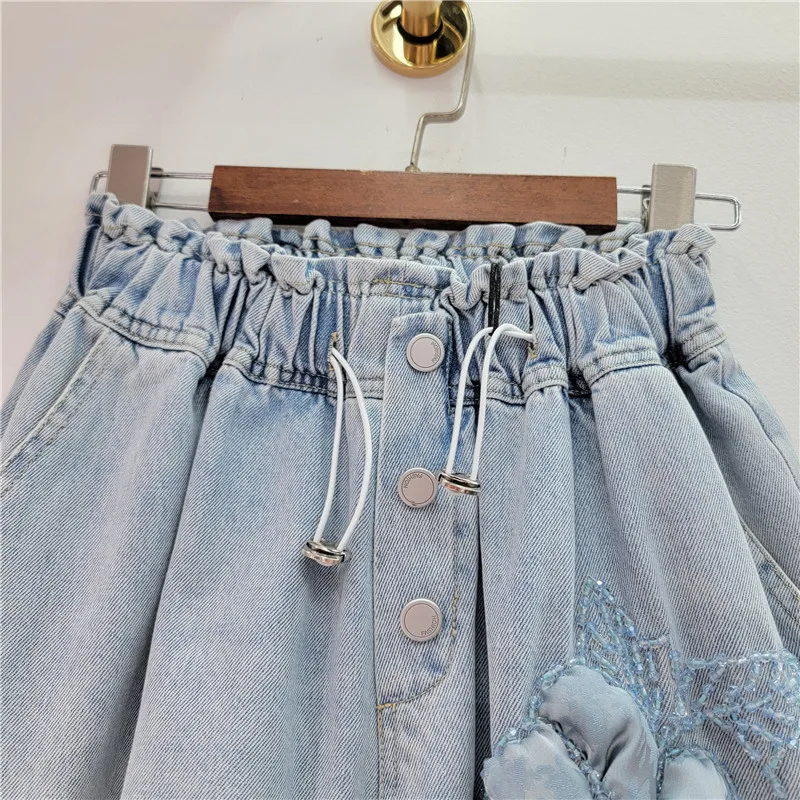 2024 Summer New Heavy Industry Beads Blue 3D Flower Denim Shorts Female Drawstring Elastic Waist Wide Leg Shorts for Women