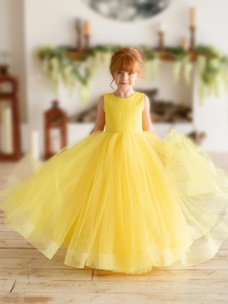 

Flower Girl Dresses Yellow Tulle Puffy Solid With Tailing Sleeveless For Wedding Birthday Party Banquet Princess Gowns