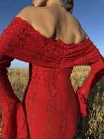 Suninheart White Maxi Wedding Guest Dress Women 2025 Elegant Off The Shoulder evening party dresses red lace flare sleeve dress - Image 6