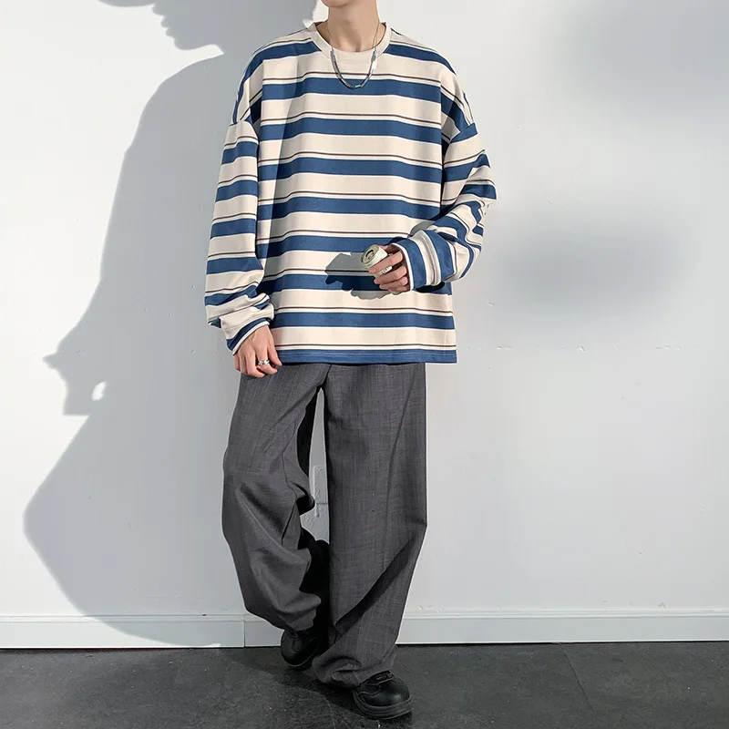 Striped Men Sweatshirts Spring Autumn Long Sleeve T-shirt O-neck Loose Korean Harajuku Casual Young Men's Streetwear Pullovers