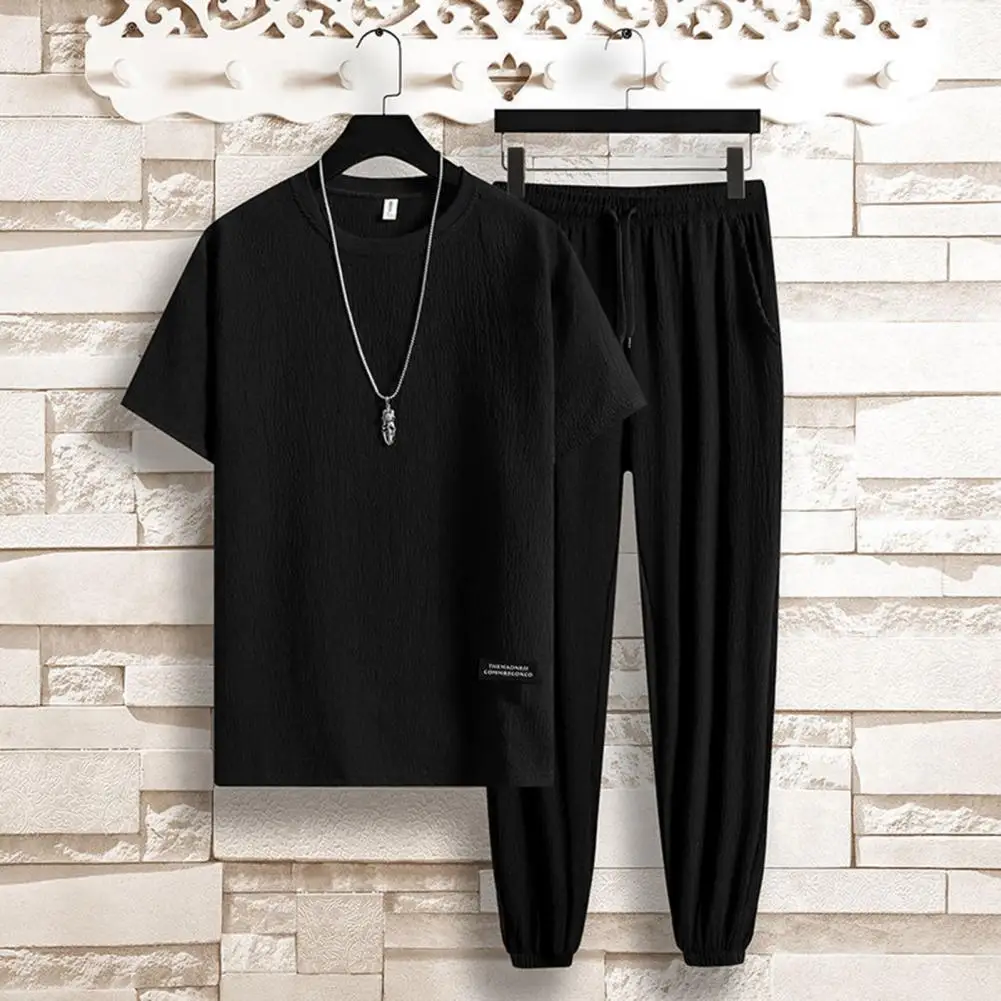

Two Piece Set Summer Men Outfit Cool and Thin Short Sleeve T-shirt+Pant Solid Color Relaxed Fit Crew Neck Sportswear Streetwear