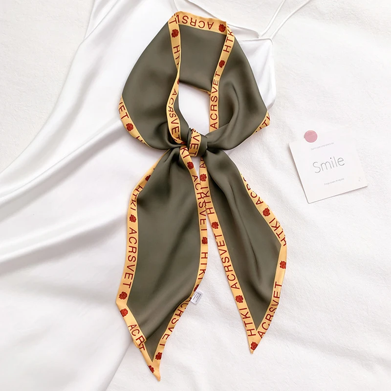 

Korean Spring Autumn Printed Letter Women Satin Silk Neckerchies 2023 Decorative Small Long Neck Scarf Female Hair Dress Belt