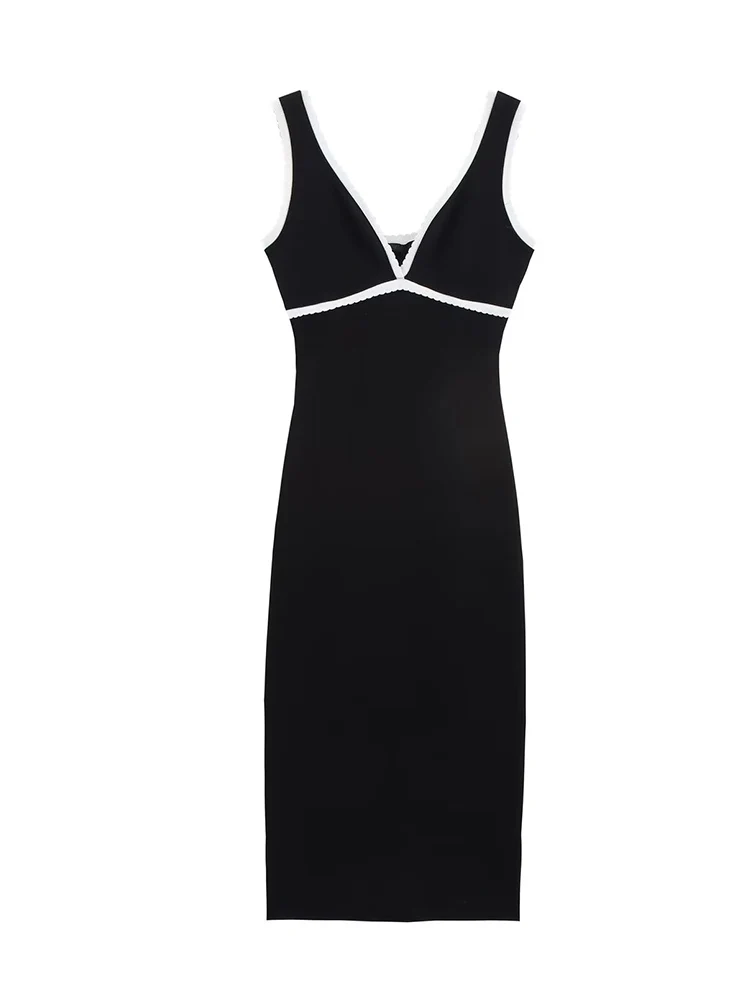 TFMLN New Summer Women's Knitted Dresses Fashion Contrasting V-neck Sleeveless Long Dress Sexy Trim Design Slim Fit Stylish