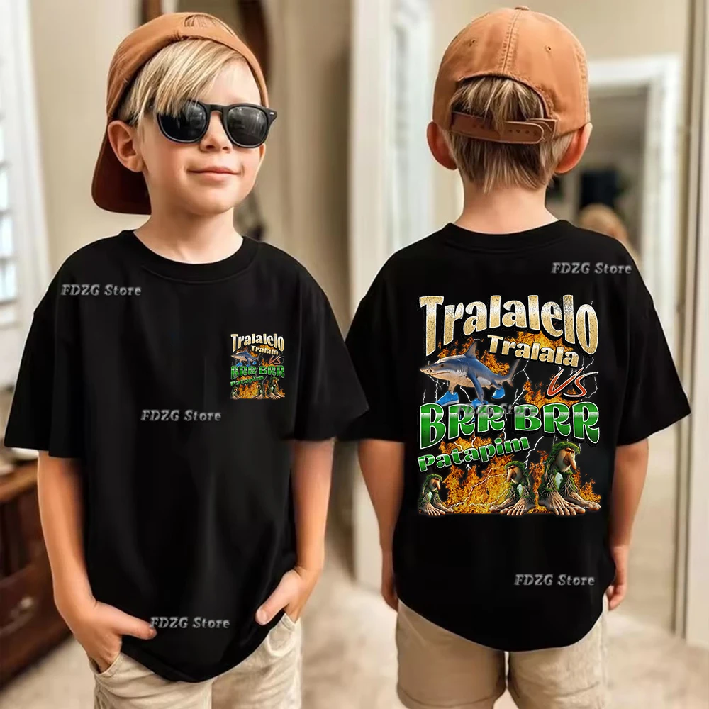 تي شيرت صيفي للأولاد والبنات بطباعة كرتونية إيطالية، قميص ترالالرو ترالالا للأطفال بأكمام قصيرة، قميص قطني للأطفال