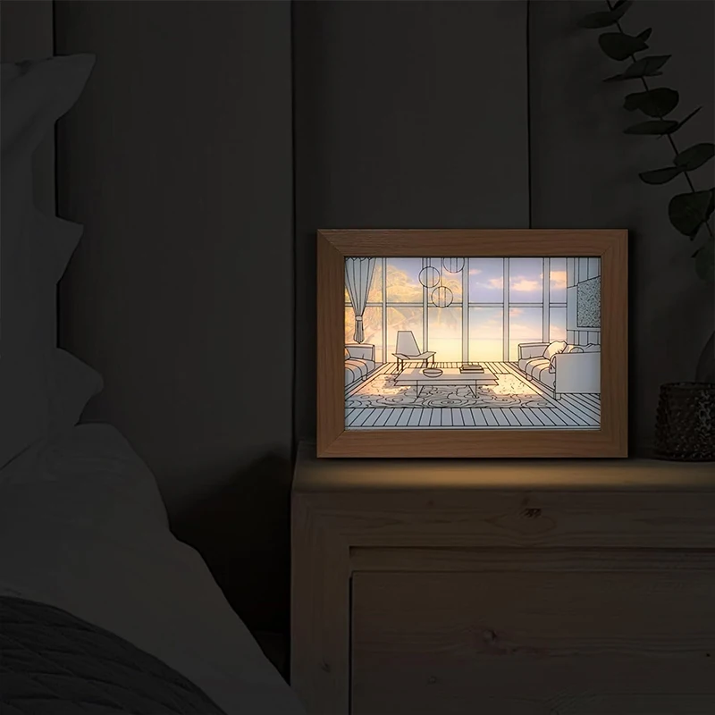 Decorative Led Light Painting USB Plug Dimming Wall Artwork Table Lamp Gift Indoor Sunlight Window Wooden Photo Night Luminous 5