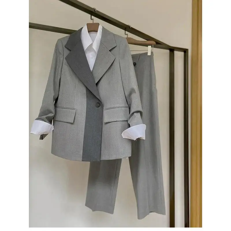 

Luxury Profession 2 Pc Pants Sets Blazers Suit Women Age-reducing Suits Coats Outfits Cropped Trousers Splicing Grey Office Wear