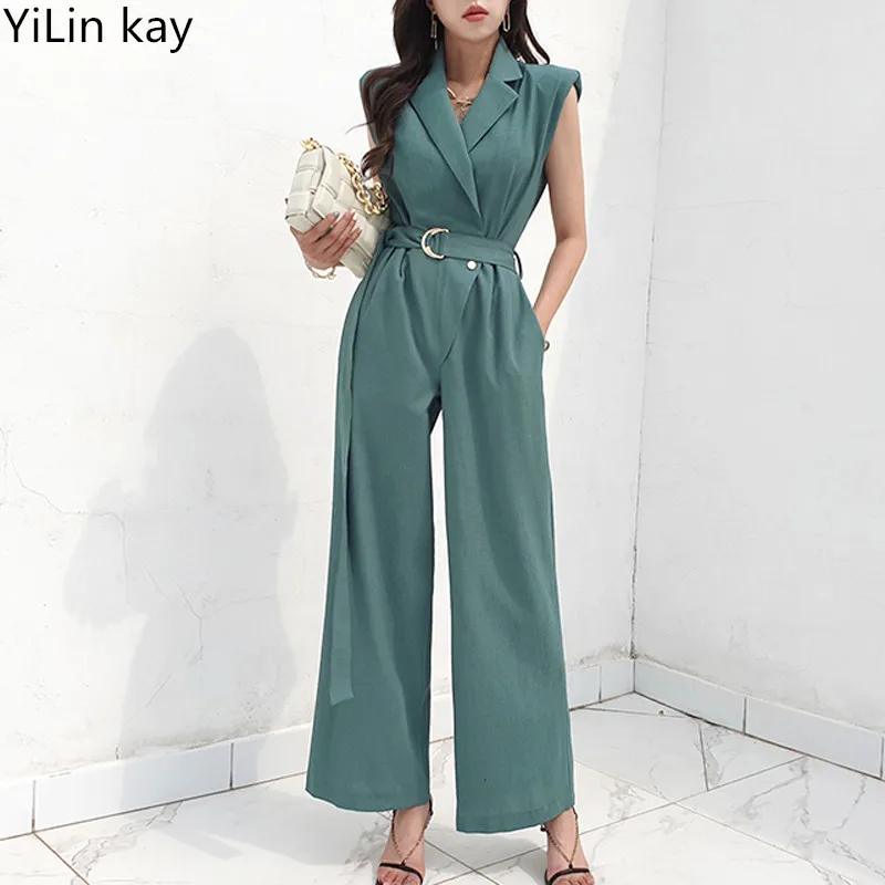 2023 Summer New Korean Version Temperament Retro Suit Collar Fashion Wide Leg Pants Jumpsuit  Casual Work Wear Rompers