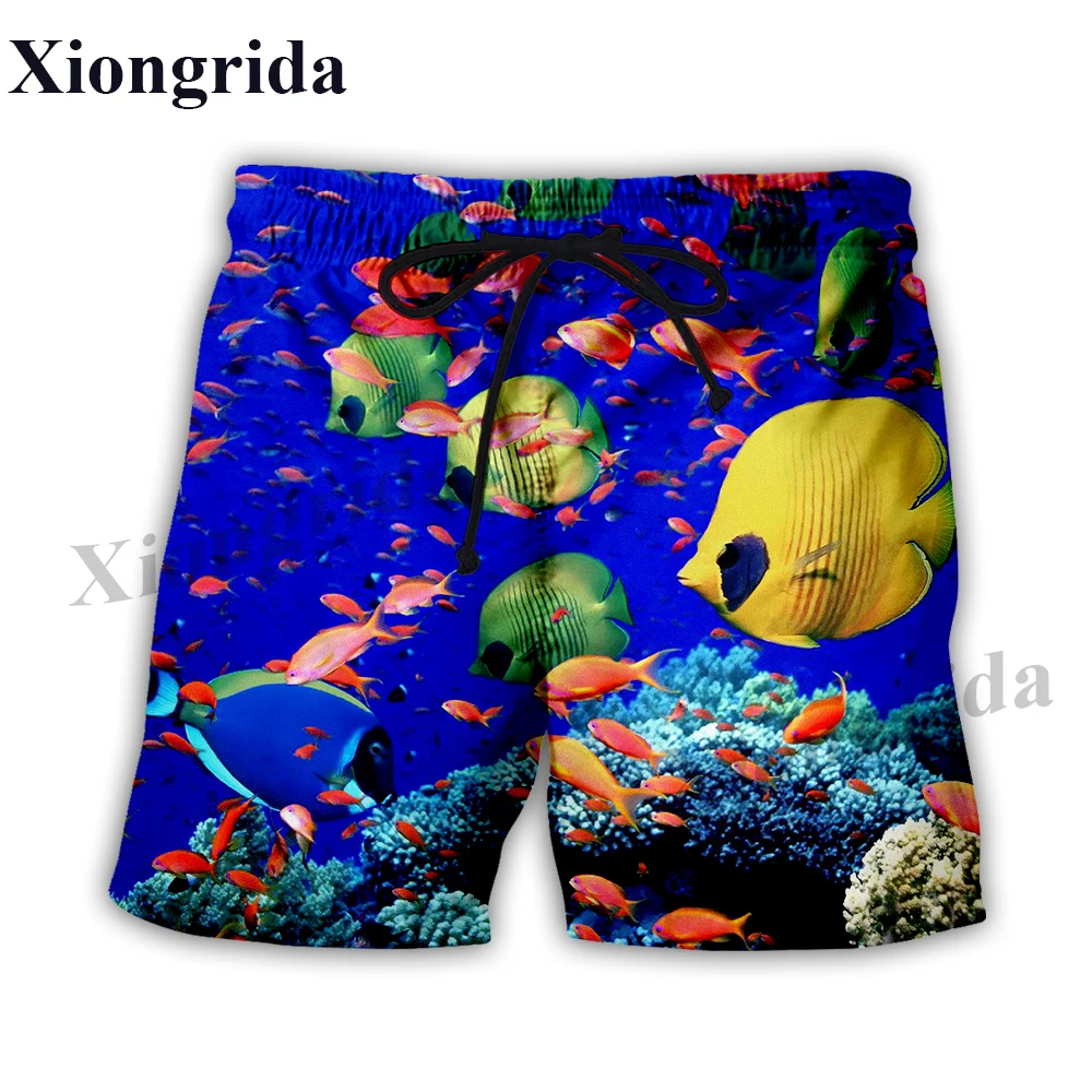 Novelty Fish Print Shorts Men Elastic Waist Beach Shorts Summer Harajuku Casual Shorts Tropical Fish All Over Print Sports Short