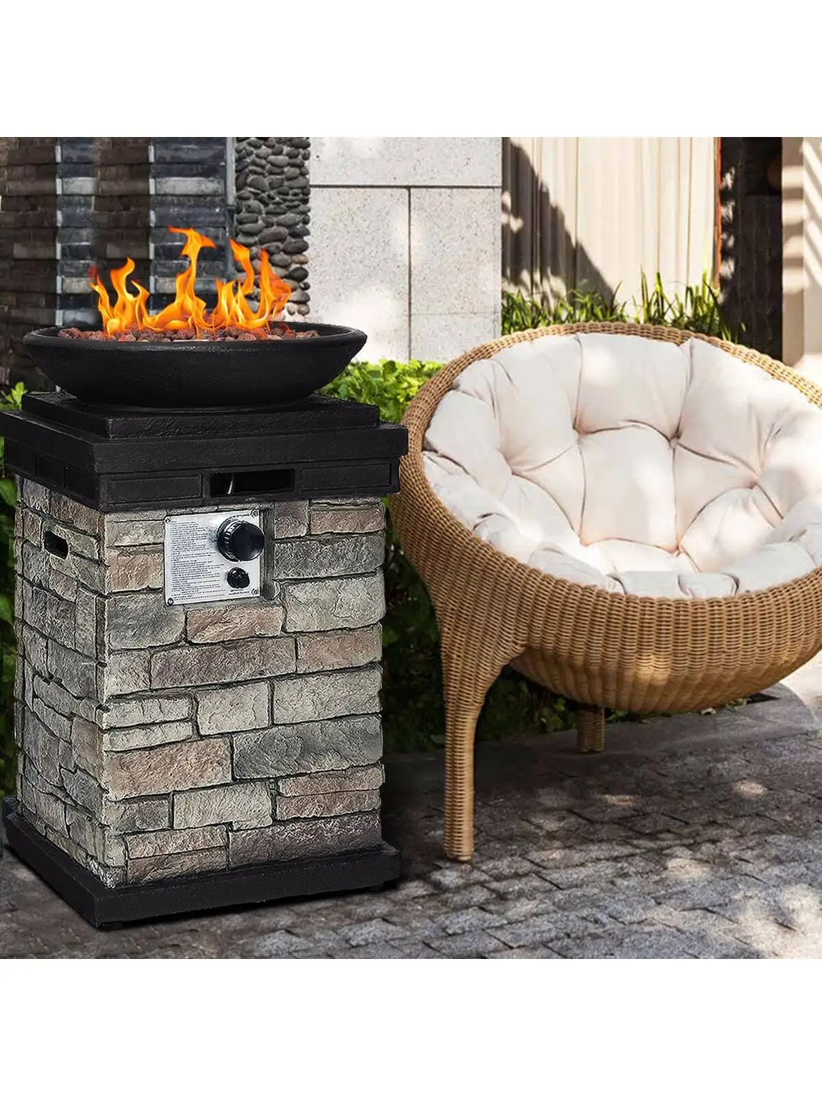 

Patio Propane Burning Fire Bowl Column W/ Lava Rocks & Cover 40,000 BTU