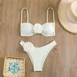 Floral Lace-up Thong Bikini Set - Sexy Brazilian Swimsuit - M (White)