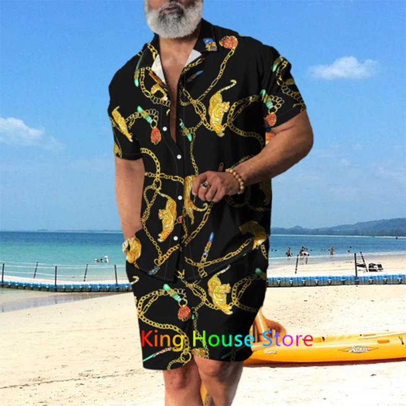 Men Hawaiian Shirt Set Summer Luxury Chain Holiday Clothes For Men Short Sleeve Oversized  Beach Shorts Male 2 Piece Suit Outfit
