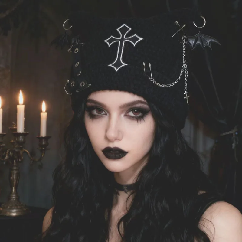 1pc, Edgy Dark Gothic Stil Katze Ohr Gestrickte Beanie Hut Kreuz Fledermaus Kette Sicherheitsnadel Dekor Mode Kopfbedeckungen. – Detail 5