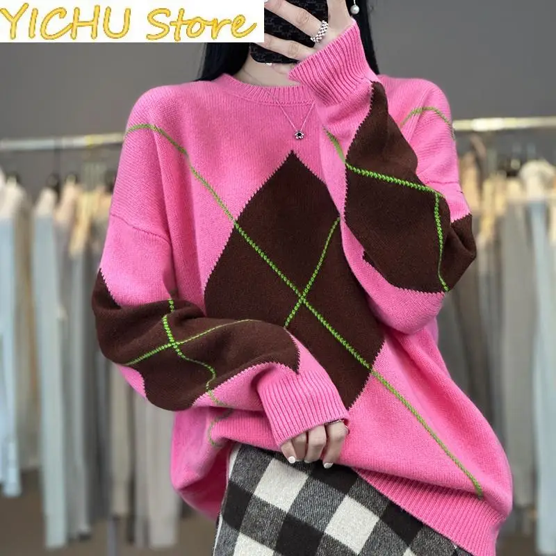 

New Merino Woolen Clothing Women's O-neck Pullover Fashion Korean Color Block Top Loose Large Women's Thickening Autumn /Winter