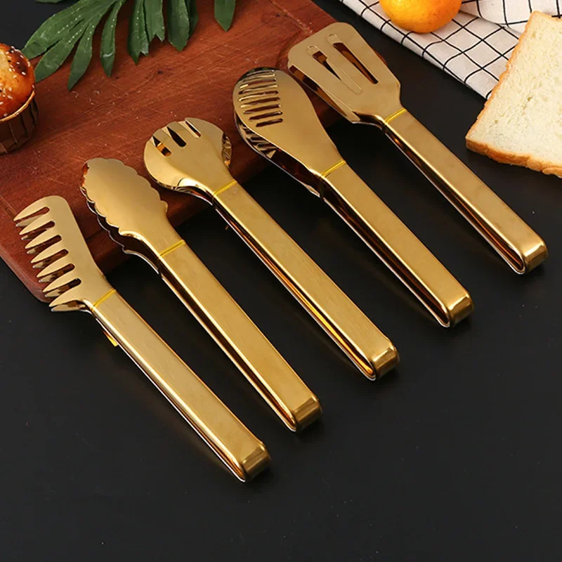 10-Styles Gold BBQ Food Tongs Stainless Steel Food Clip Cake Bread Grill Clamp Sugar Clip Ice Clip Utensils Kitchen Accessories