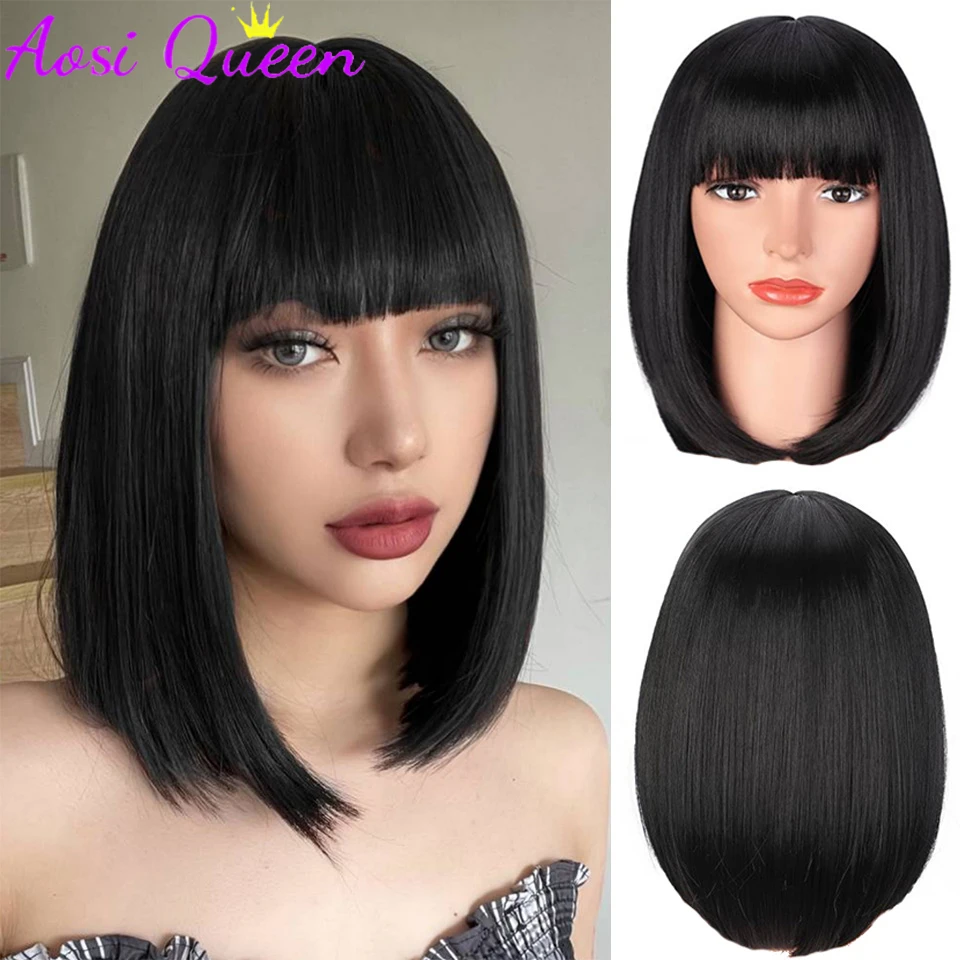 

AS Black Wavy Wig With Bangs Short Black Wig Women's 30CM Straight Wavy Wig Heat Resistant Synthetic Party Role-playing Wig