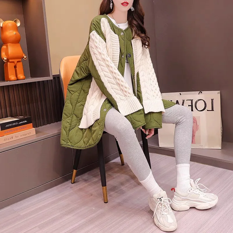 

Patchwork Sweater Cardigan Women Mid-length Fall Loose Design Versatile Knitted Jacket