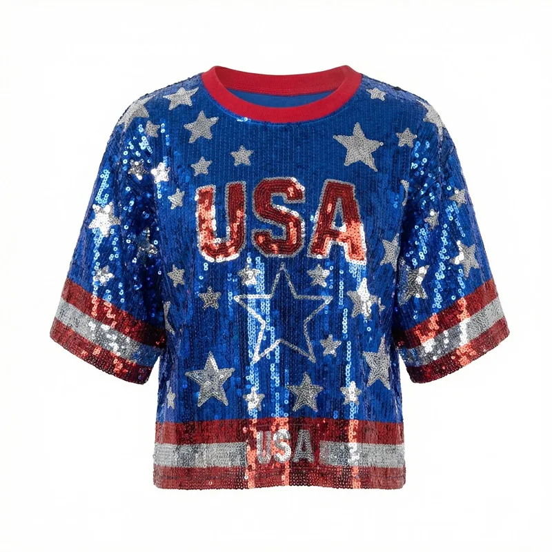 Summer New Fashion Sparkling Sequin Women Short T-shirt Simple Round Neck Female Casual Loose Tops 1