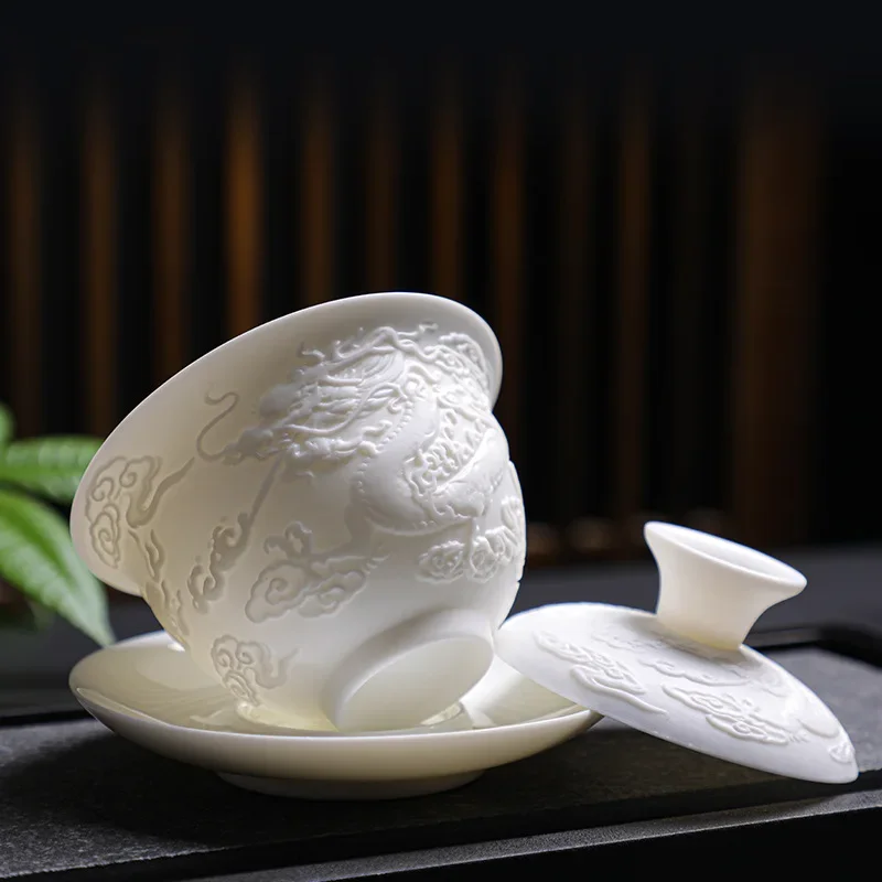 White Porcelain Kung Fu Tea Set White Jade Relief Tureen Ceramic Business Gift Simple Portable Dragon and Phoenix Cups Gaiwan tea set