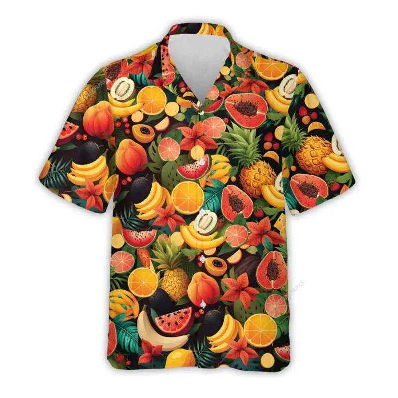 Camisa hawaiana con estampado 3D de fresa y kiwi para hombre, camisa hawaiana de verano con frutas tropicales, blusa de manga corta con botones para playa