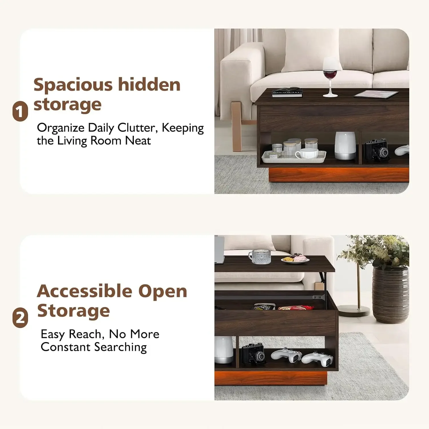 Modern Lift Top Coffee Table with Storage for Living Room LED Coffee Table Wodden Lift Tabletop Dining Table, Walnut 4