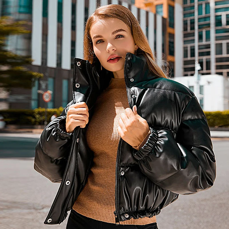 Winter Warm Thick PU Leather Coats Women Short Parkas Y2k Fashion Streetwear Cotton Padded Lady Down Jacket Elegant Zipper 2022