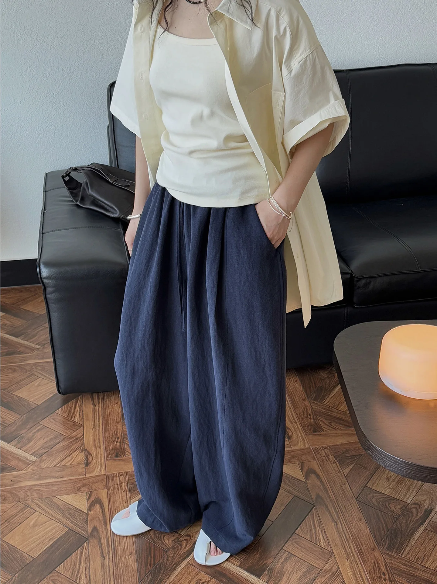 Spring and summer women's casual solid color high waist loose wide leg pants