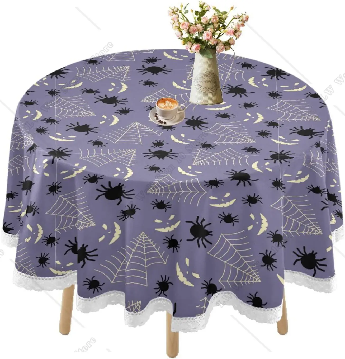 

Halloween Pumpkins Bat Waterproof Round Tablecloth Lace Table Cloth Dining Picnic Table Cover Coffee Table Decorative 60 Inch