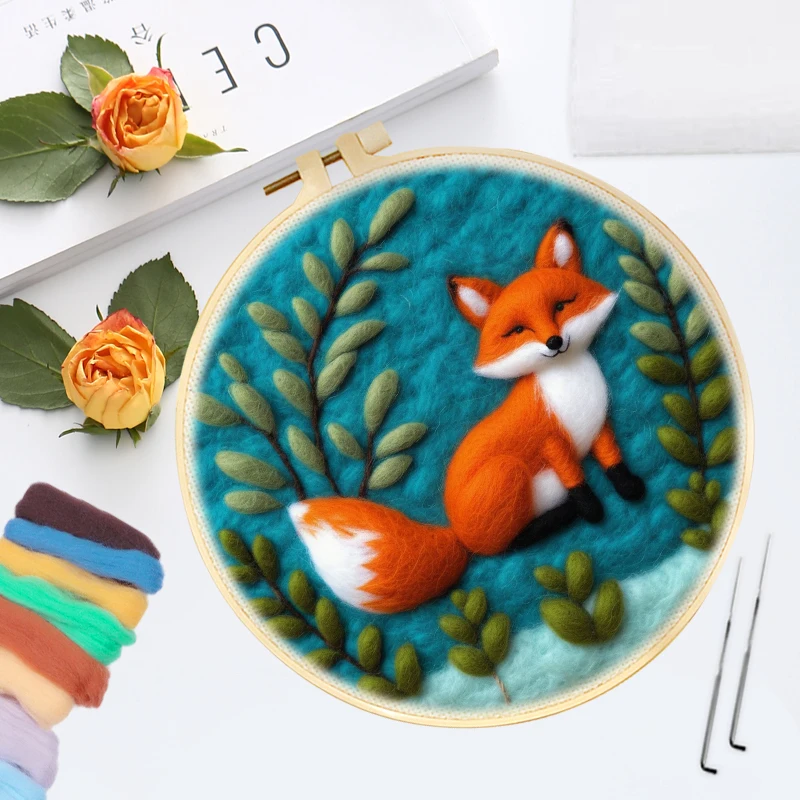 DIY Wool Painting Embroidery Fox Kit Creative DIY Wool Needle Felt Picture Kit Animal Craft Painting Gift for Friend
