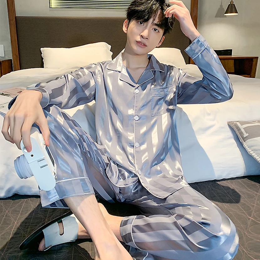 200 Catties Ice Silk Long Sleeves Nightwear Men Pajamas Set Spring Autumn Leopard Grain Lounge Satin Male Sleep Clothing Night S