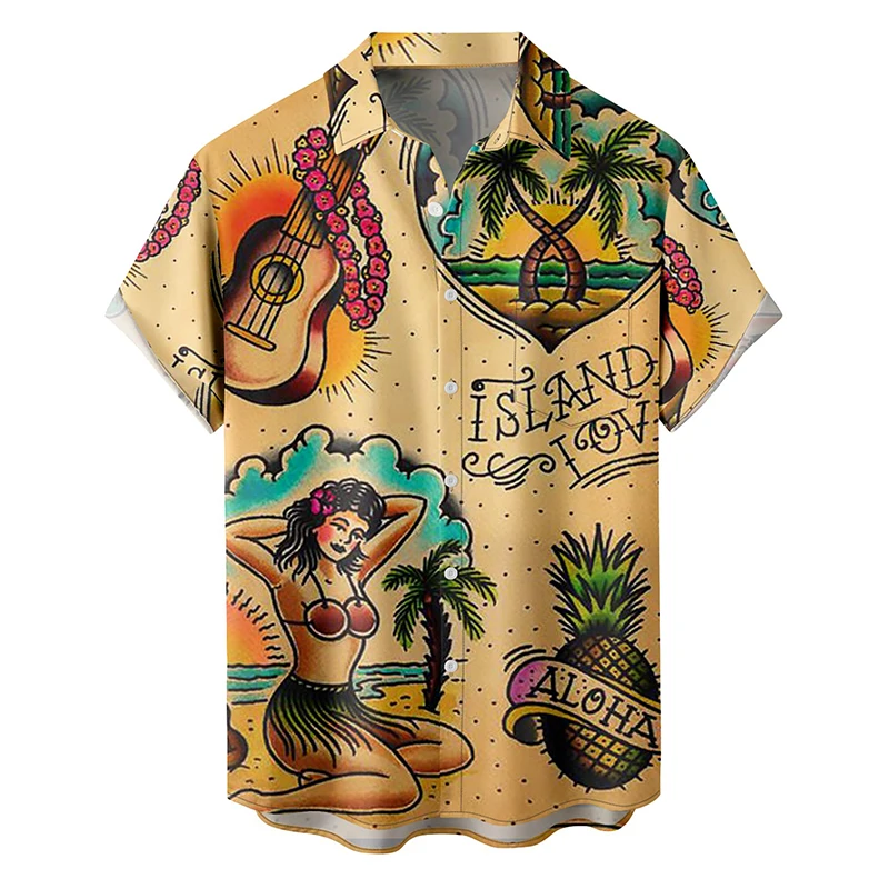 

Гавайская Повседневная рубашка для мужчин, праздничная пляжная Сорочка свободного покроя с тропическим принтом, короткий рукав, пуговицы, одежда
