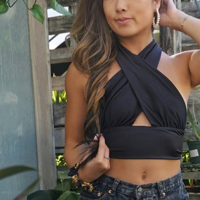 New Fashion Summer Women's Sleeveless Backless V-shaped Suspender Vest Hollow Front Cross Sexy Short Tube Top for Women