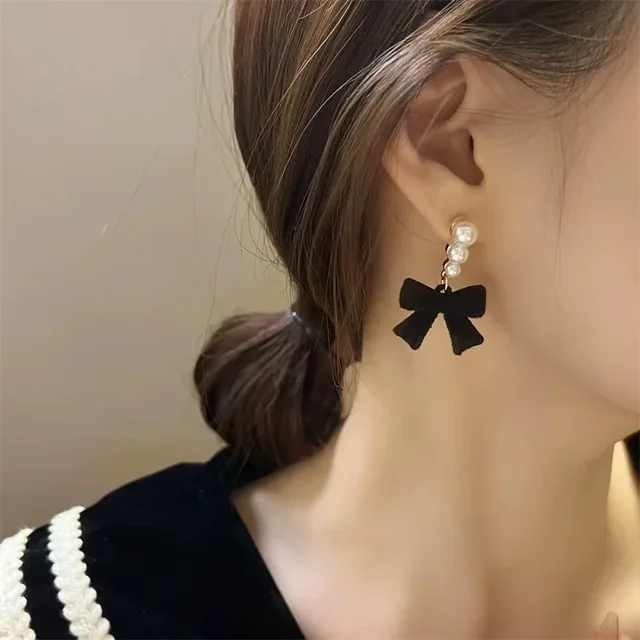 LATS Red Black Bowtie Earrings for Women Girls Simulated Pearl Cloth Bow Tie Earrings Jewelry Ear Accessories Beautiful Gifts