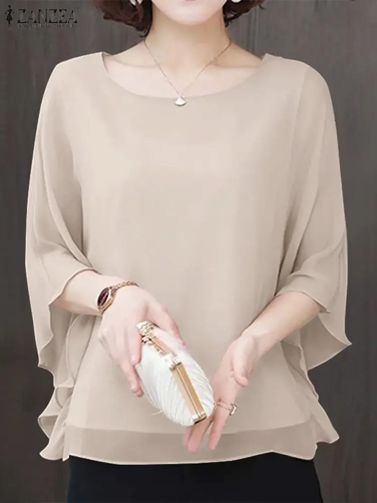 

Летняя женская блузка ZANZEA 2024, однотонные Шифоновые Топы, повседневные свободные модные рубашки с круглым вырезом, праздничные винтажные женские блузки с рукавом 3/4