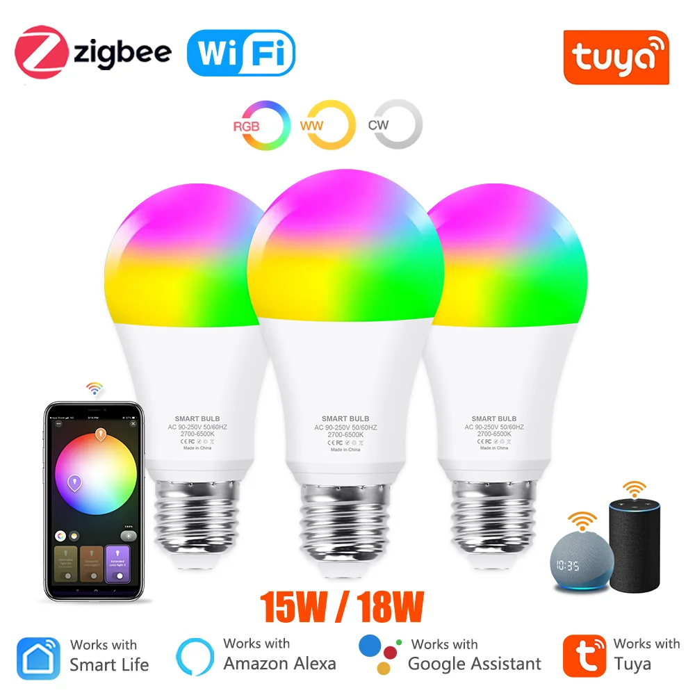 지그비 투야 와이파이 스마트 전구, 지그비 LED 전구, 스마트 라이프 E27 RGB LED 램프, 알렉사 구글 홈, 110V, 220V, 15W, 18W 