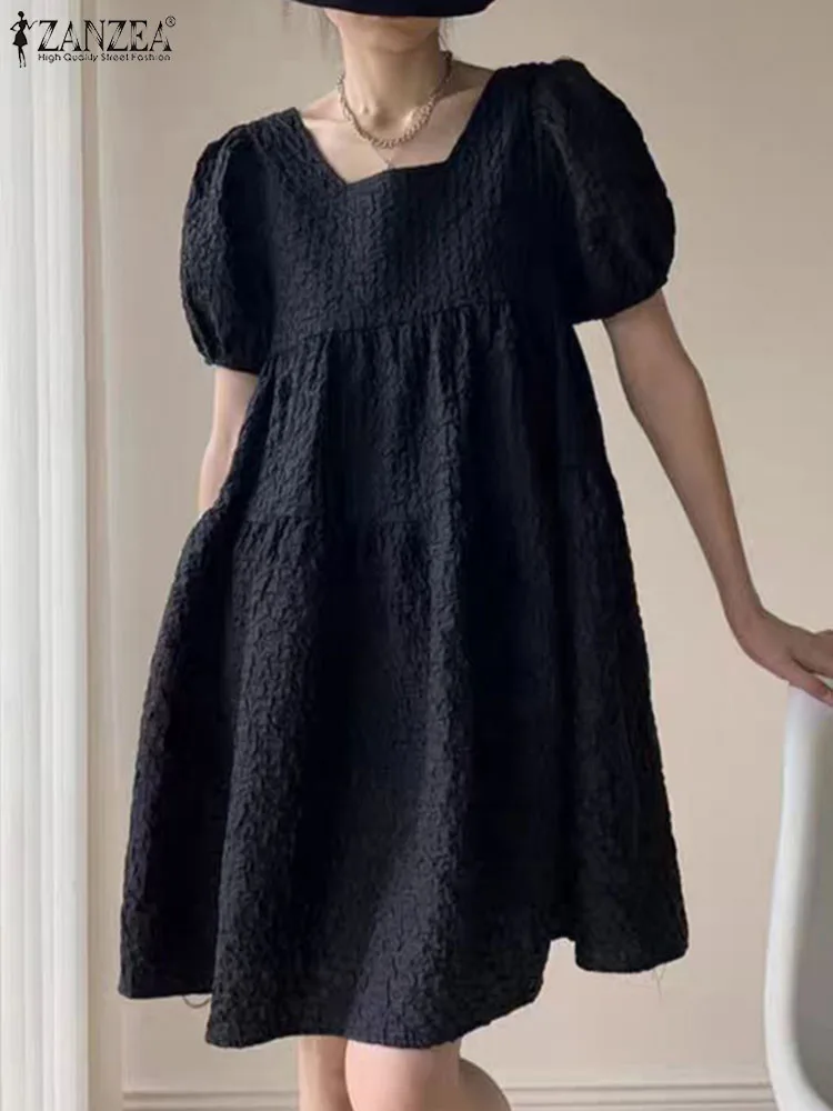 

ZANZEA Korean Sweety Women Mini Dress Puff Short Sleeve Short Robe Elegant Bow Tie Evening Dress 2024 Summer A-line Party Dress