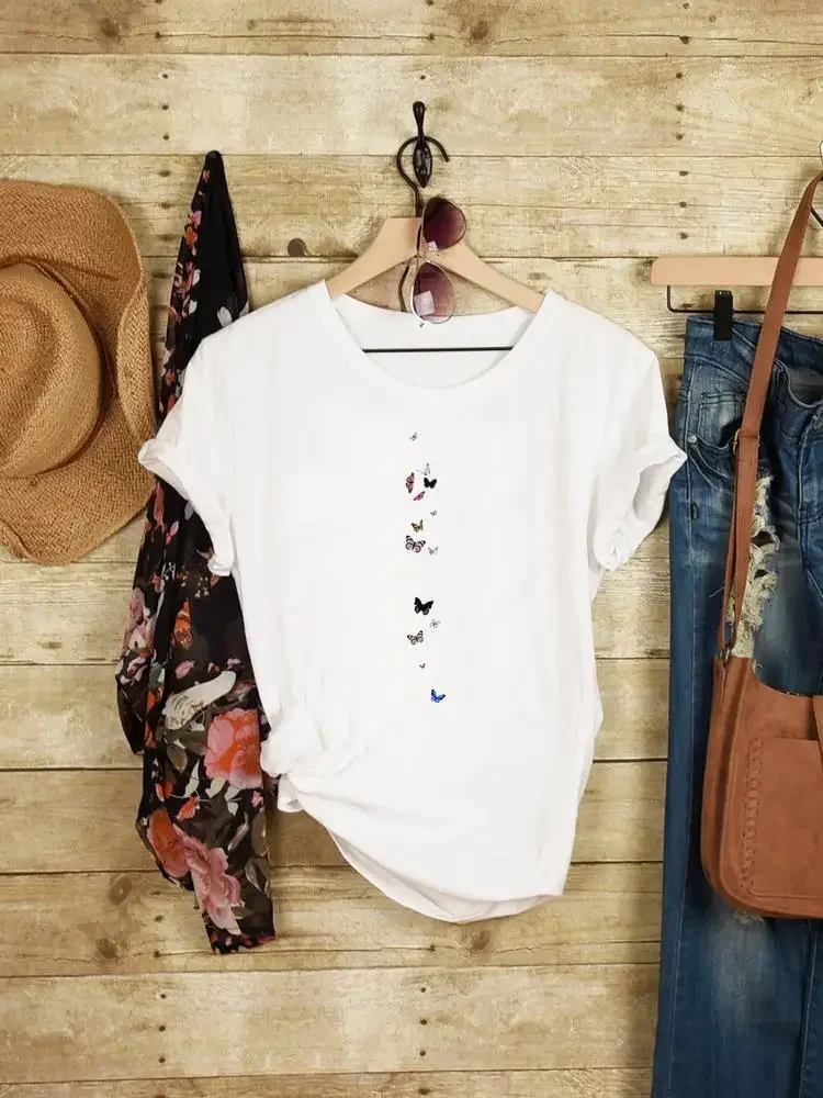 

Футболка женская летняя с мультяшным принтом, милый топ с графическим принтом и бабочкой, Повседневная модная рубашка в стиле 90-х