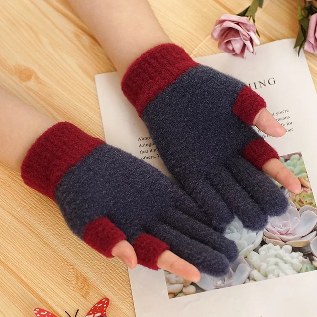 Korean Female Stretch Thicken Show Two Fingers Touch Screen Students Write Mittens  Winter Wool Knitted Fingerless Gloves S192 - AliExpress